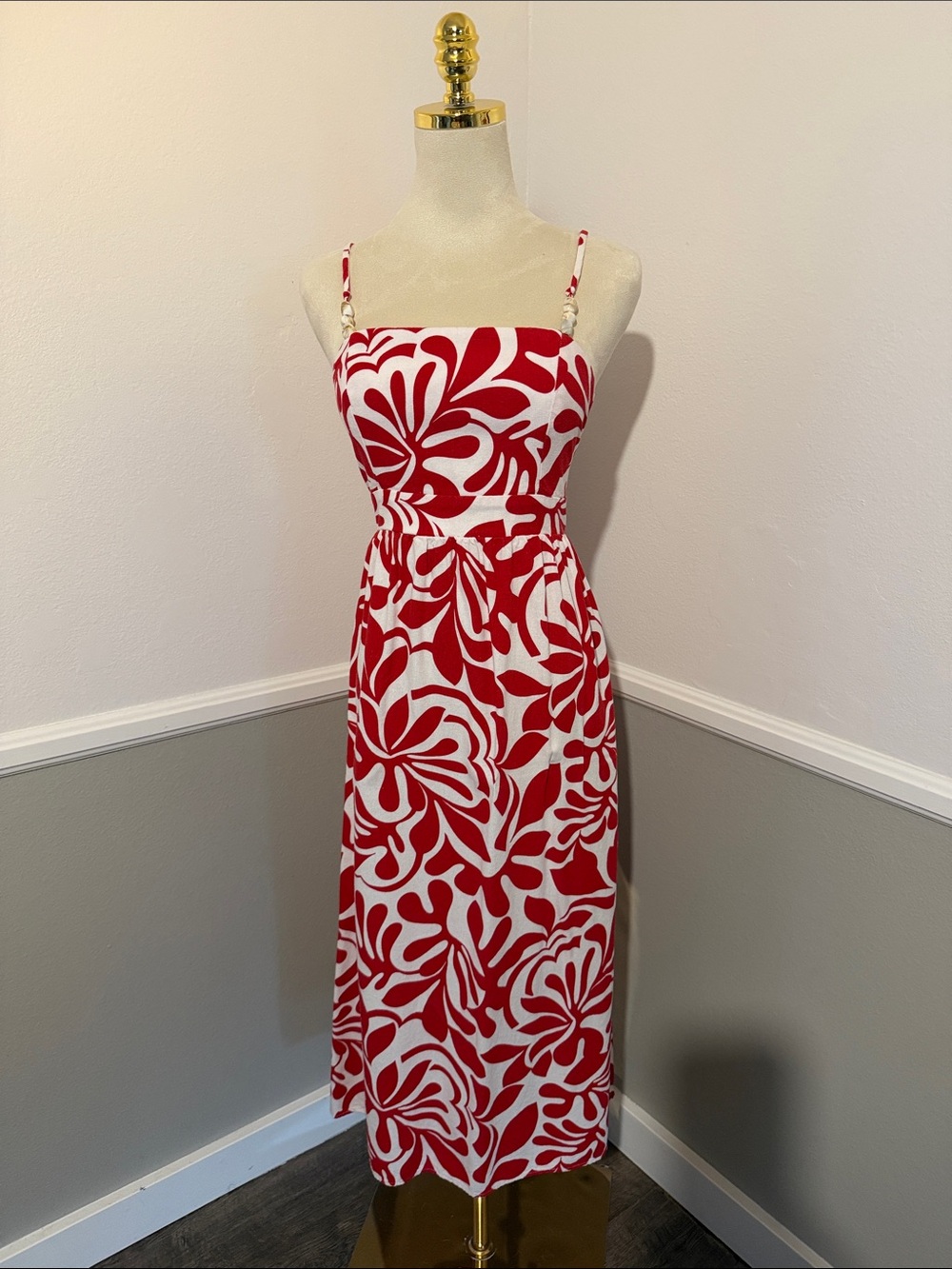 Red & White Floral Sundress - Sleeveless Spaghetti Strap Dress